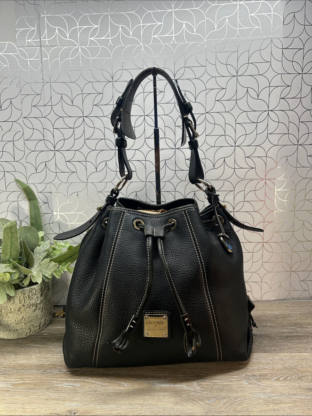 Dooney & Bourke Black Leather Drawstring Tote with Pink Interior